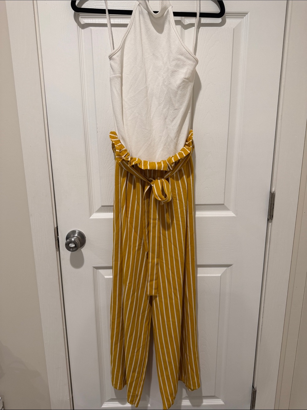 Striped Mustard Paperbag Waist Jumpsuit with White Halter Top